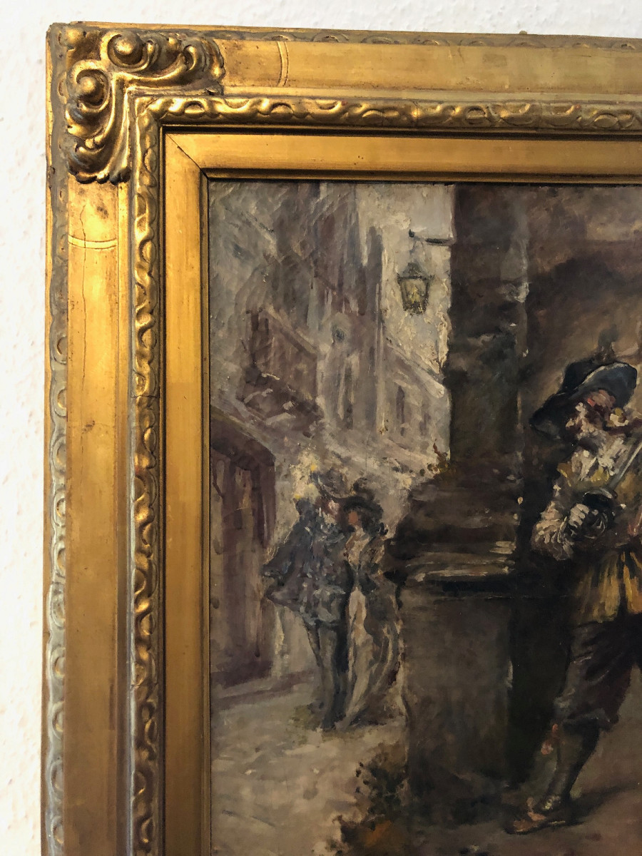 Tableau ancien à l'huile du 19éme siécle représentant des mousquetaires-photo-6