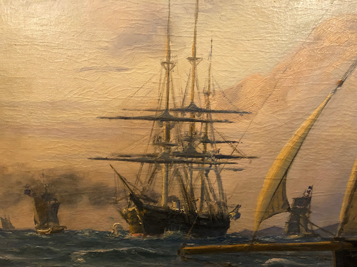 Very Large Oil On Canvas Marine Painting In An Ore Wood Frame, 19th Century-photo-5