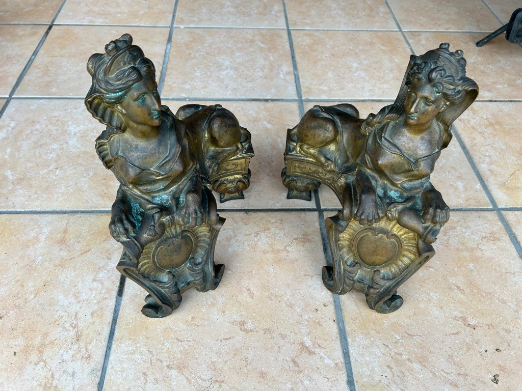 A  Pair Of Gilded Bronze Fire Dogs (mercury), Louis XV-photo-2