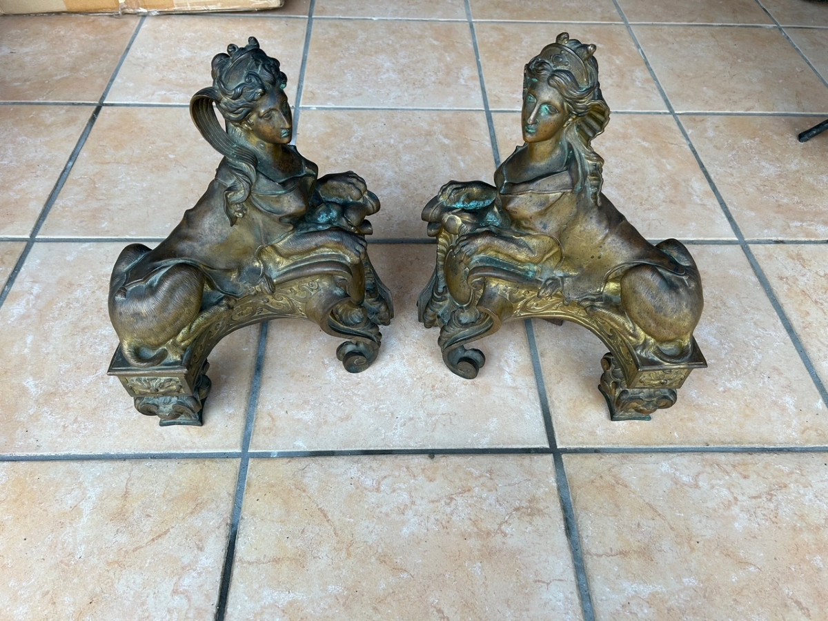 A  Pair Of Gilded Bronze Fire Dogs (mercury), Louis XV-photo-3
