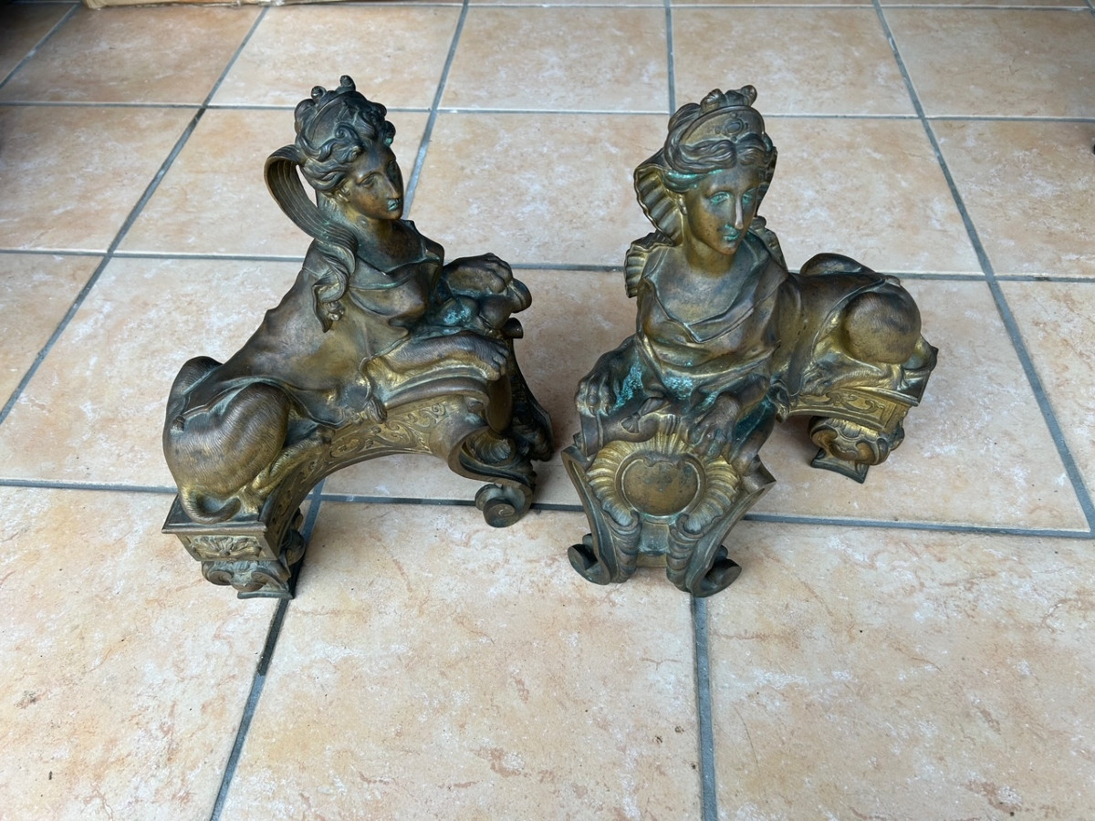 A  Pair Of Gilded Bronze Fire Dogs (mercury), Louis XV-photo-1