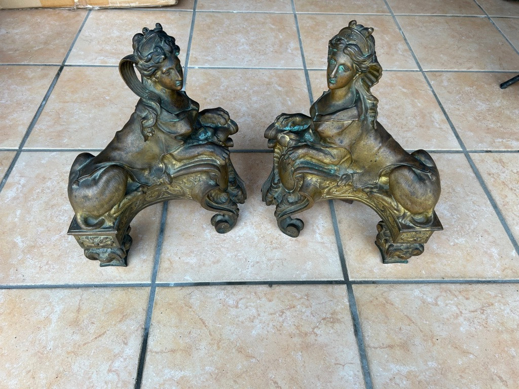A  Pair Of Gilded Bronze Fire Dogs (mercury), Louis XV