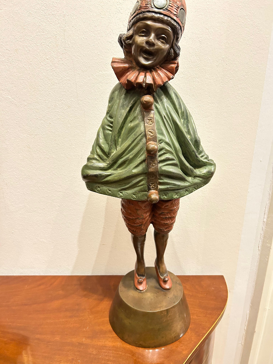 Harlequin Sculpture In Painted Copper, Victorian Period-photo-1