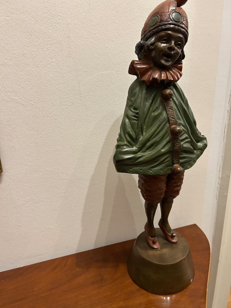 Harlequin Sculpture In Painted Copper, Victorian Period-photo-4