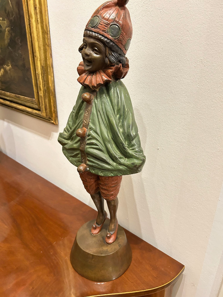 Harlequin Sculpture In Painted Copper, Victorian Period-photo-6