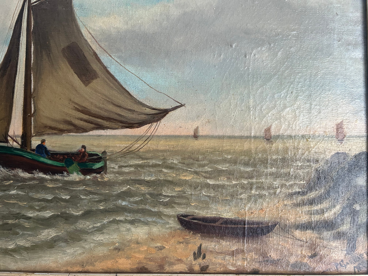 Vue sur le mer, huile sur toile, XIX-siécle-photo-3