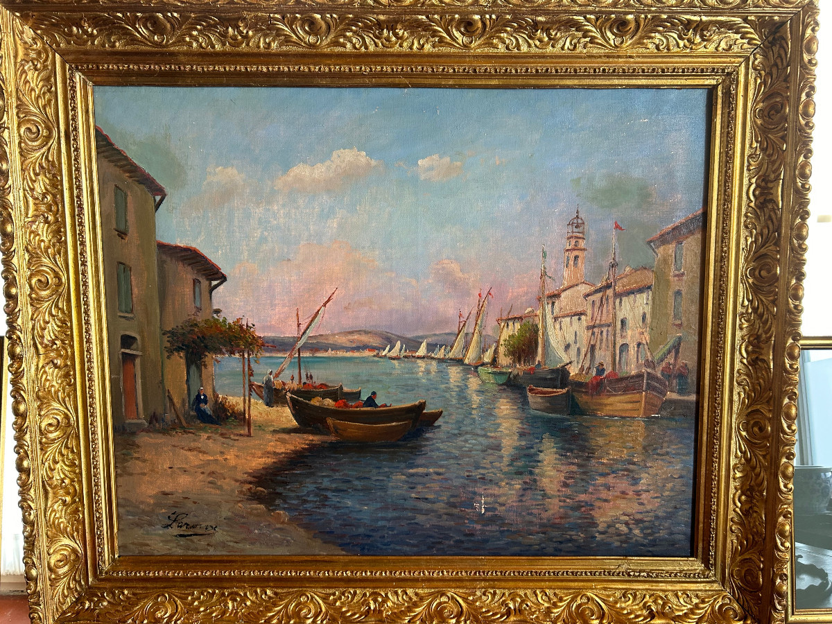 Landscape Painting Of A Port On The French Riviera, Oil On Canvas-photo-2