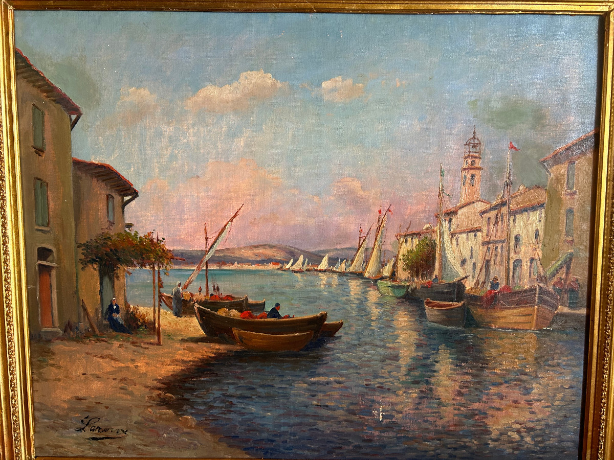 Landscape Painting Of A Port On The French Riviera, Oil On Canvas-photo-3