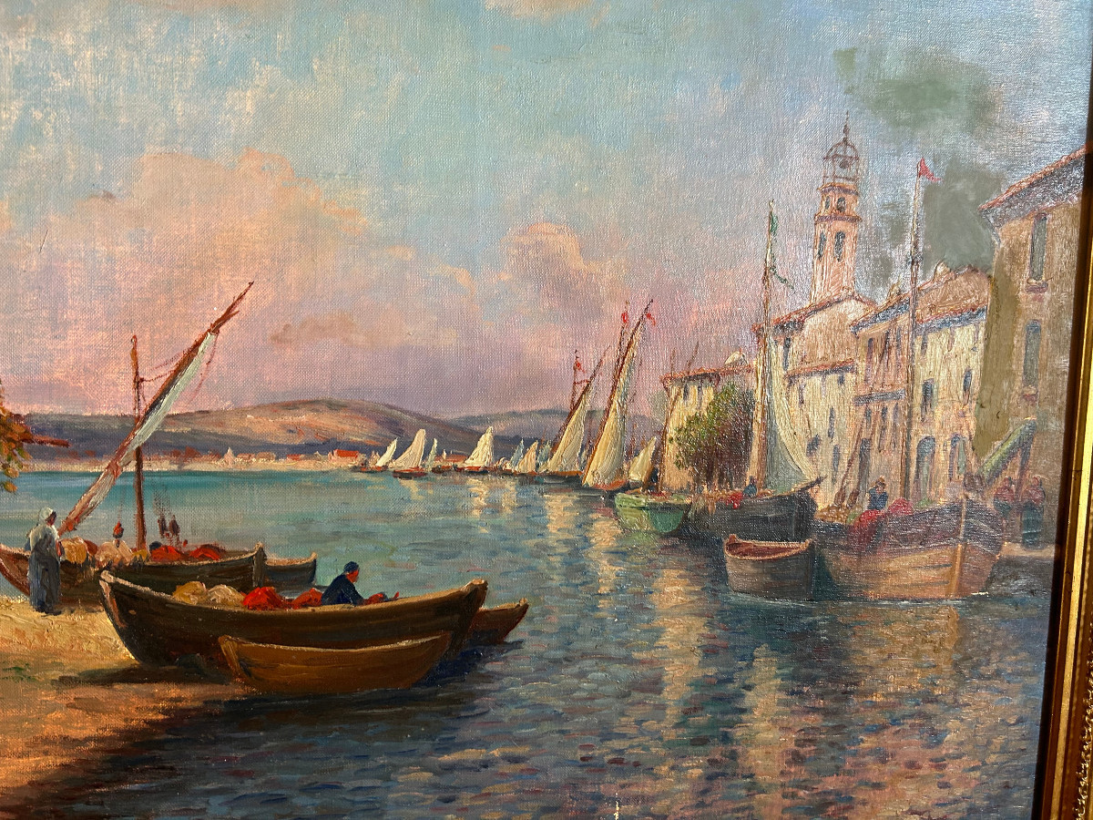 Landscape Painting Of A Port On The French Riviera, Oil On Canvas-photo-5
