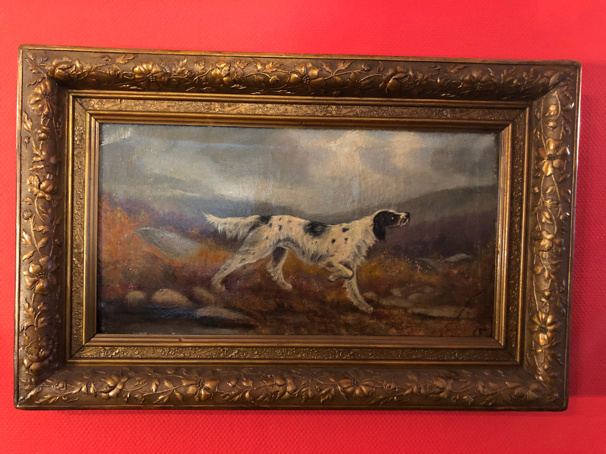 Une paire de peintures à l'huille anglaises avec des chiens de Chasse du 19éme siècle-photo-2