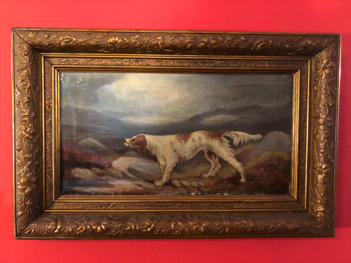 Une paire de peintures à l'huille anglaises avec des chiens de Chasse du 19éme siècle-photo-3