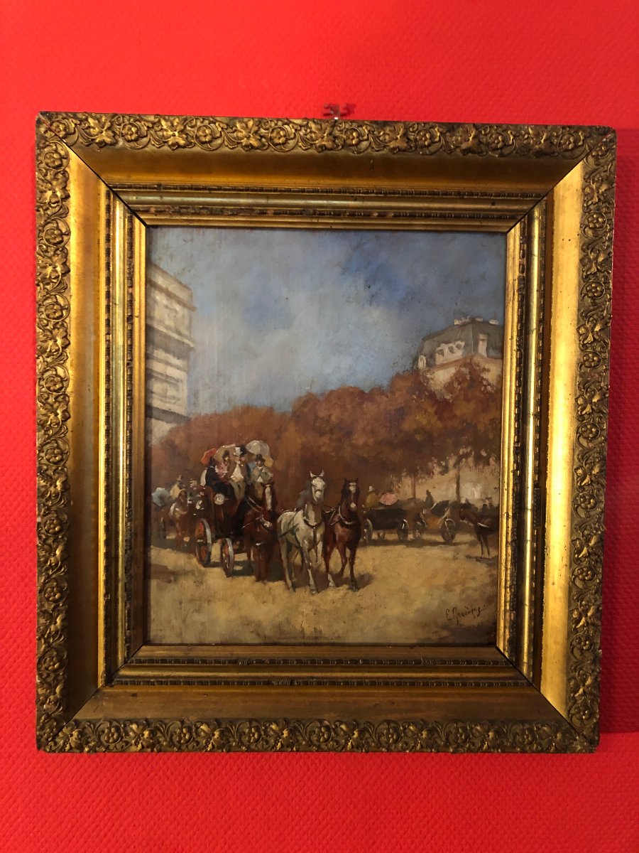 Une belle peinture à l'huille avec une calèche dans un parc à Paris, XIX siècle-photo-2