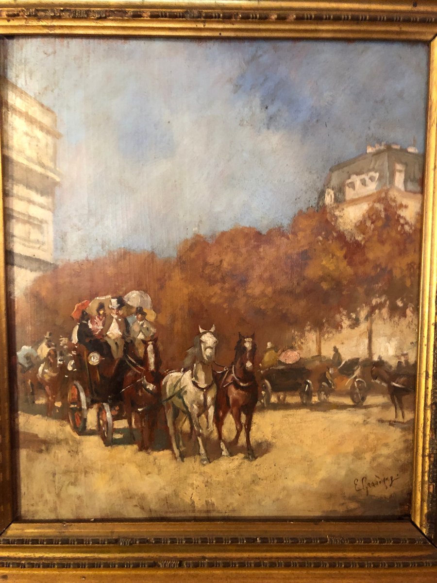 Une belle peinture à l'huille avec une calèche dans un parc à Paris, XIX siècle-photo-1
