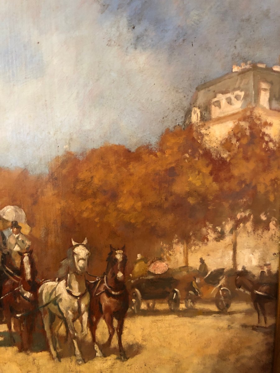 Une belle peinture à l'huille avec une calèche dans un parc à Paris, XIX siècle-photo-3