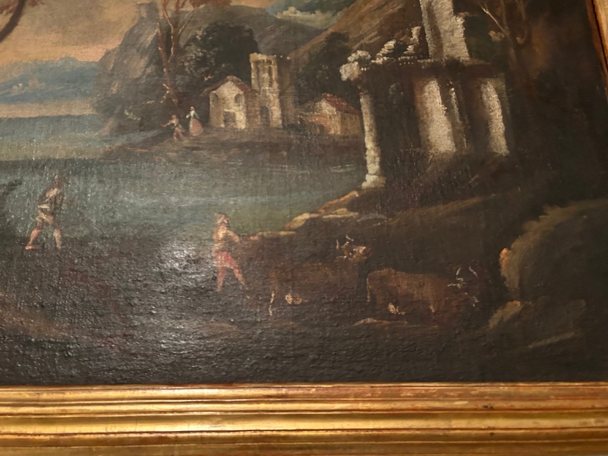 Old Landscape Painting, Oil On Canvas, 17th Century-photo-2