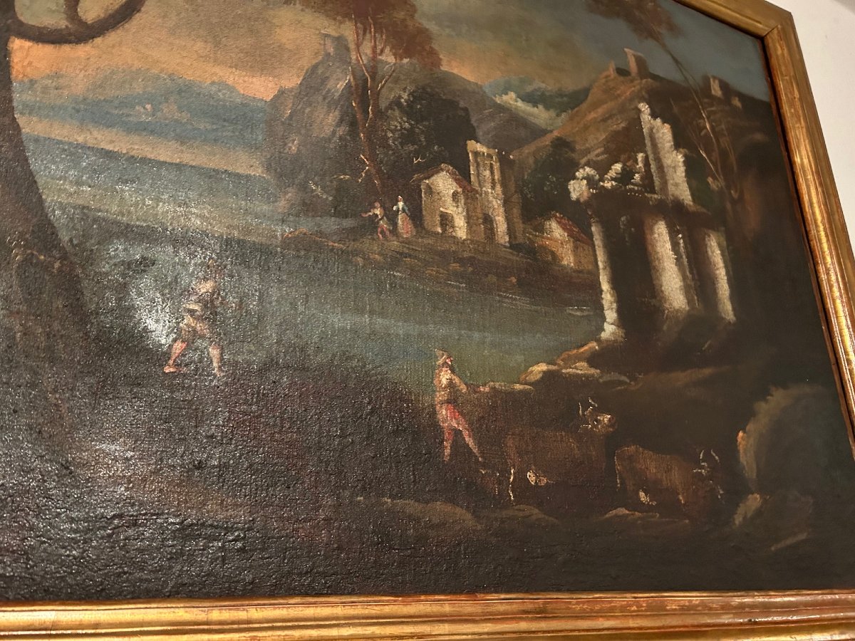 Old Landscape Painting, Oil On Canvas, 17th Century-photo-4