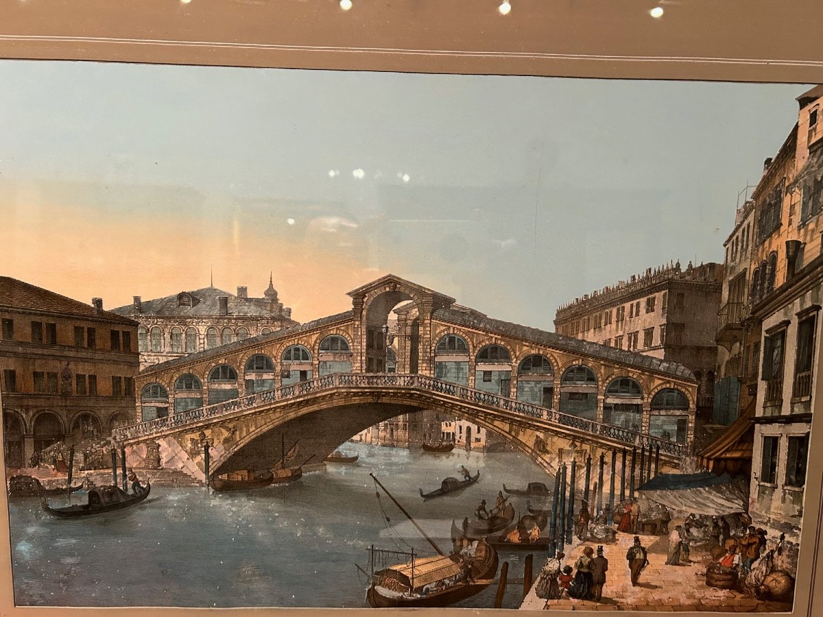 Un Guache sur papier  "Le pont de Rialto", XIX-siécle-photo-2