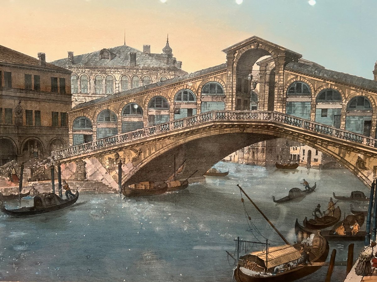 Un Guache sur papier  "Le pont de Rialto", XIX-siécle-photo-2