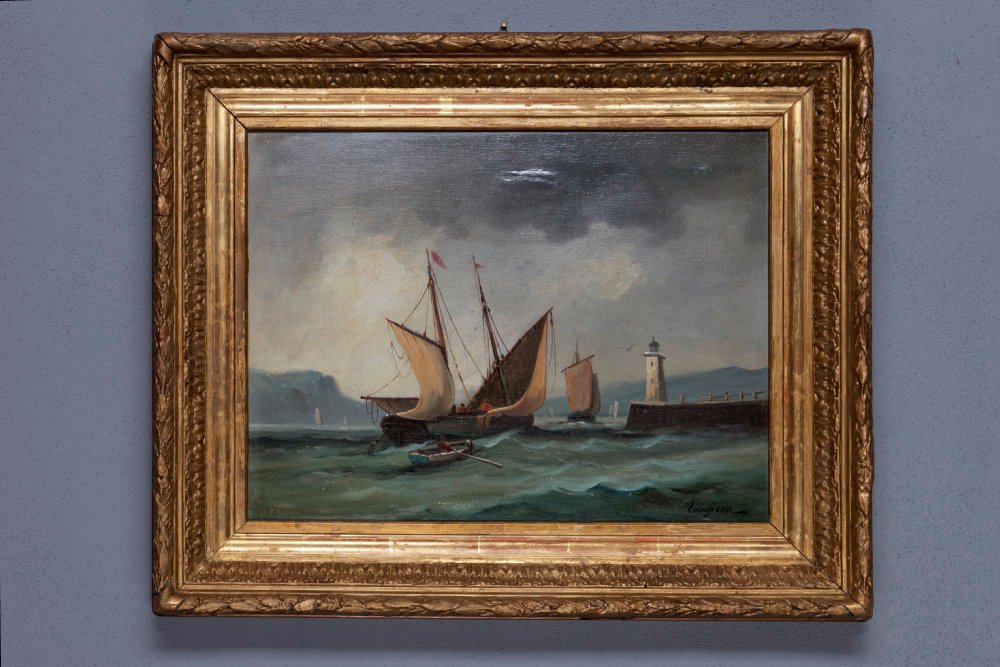 Marine Painting Depicting A Ship Leaving Port, 19th Century-photo-3