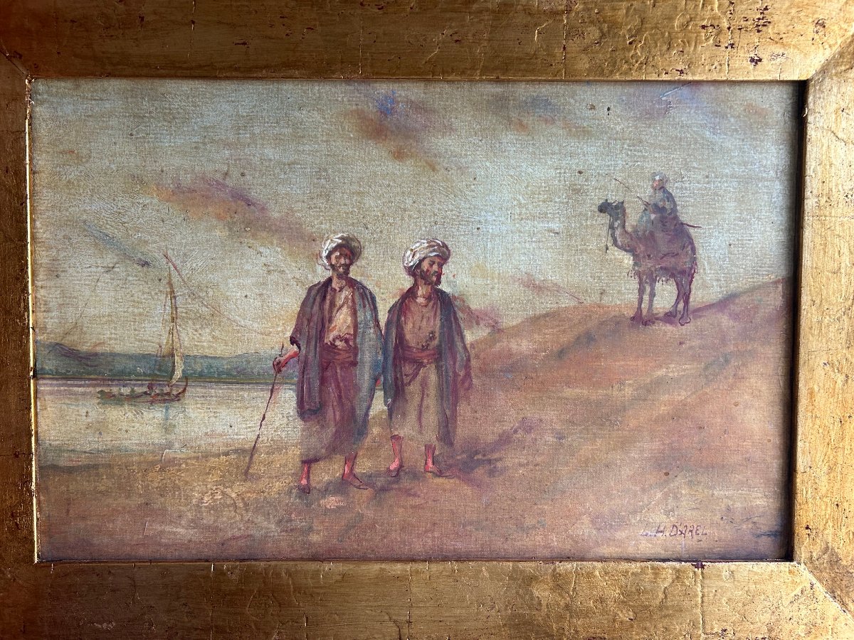 An Orientalist Painting Featuring A Camel And Two Bedouins, Early 20th Century-photo-2