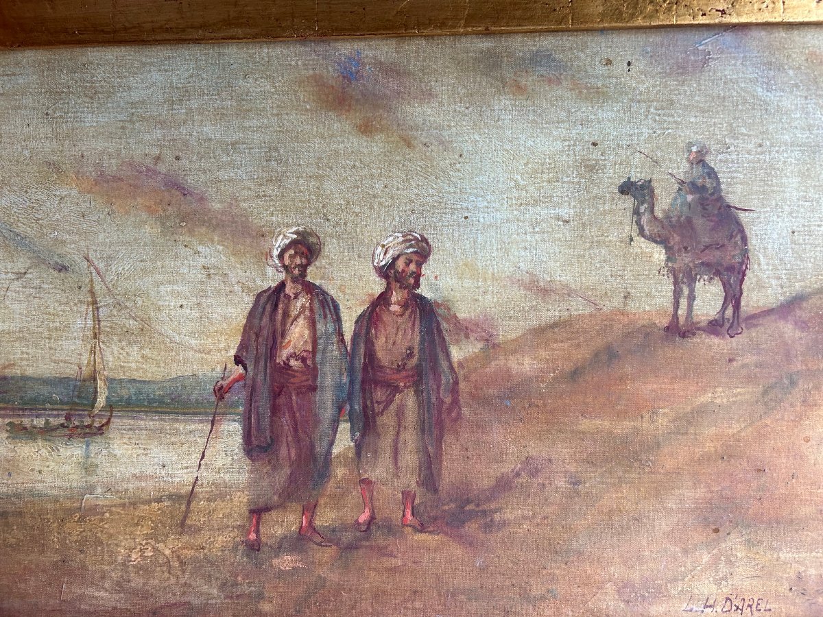An Orientalist Painting Featuring A Camel And Two Bedouins, Early 20th Century-photo-3