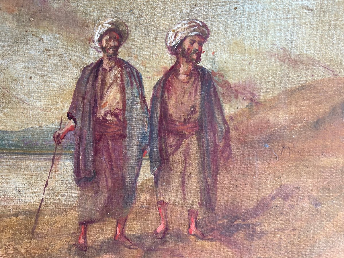 An Orientalist Painting Featuring A Camel And Two Bedouins, Early 20th Century-photo-4