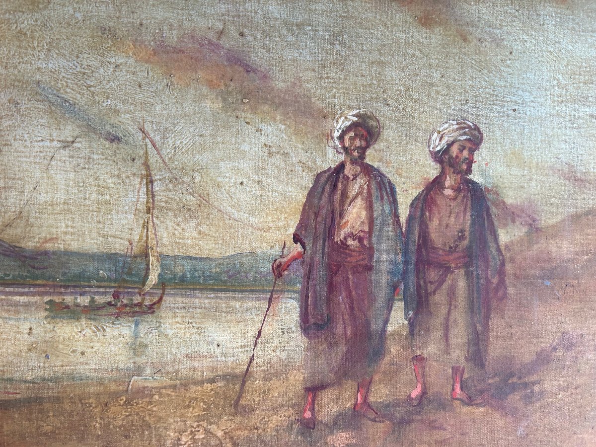 An Orientalist Painting Featuring A Camel And Two Bedouins, Early 20th Century-photo-1