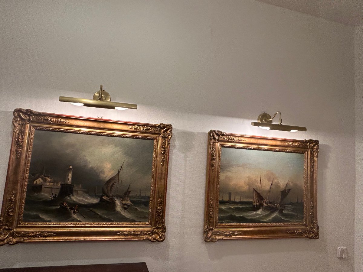 A Pair Of Seascapes Featuring Sailing Boats, 19th Century-photo-1