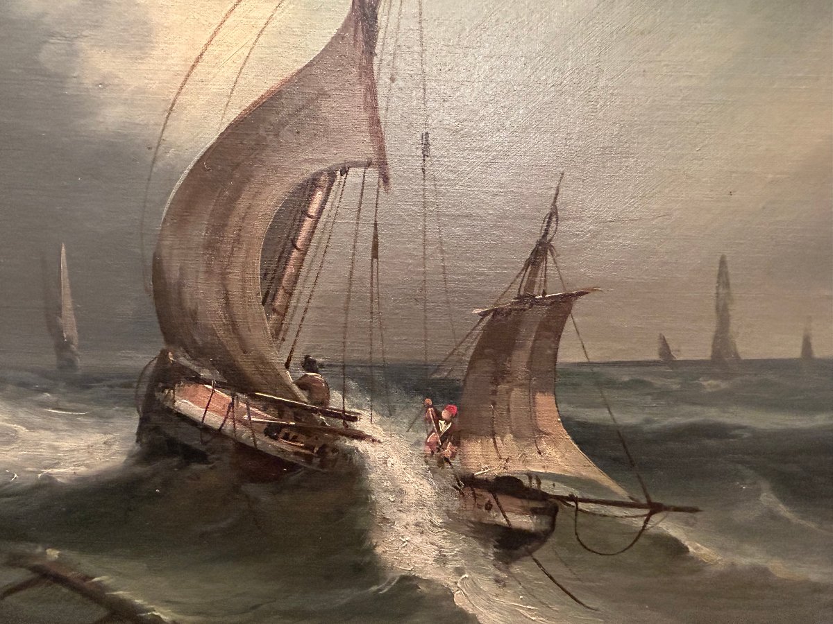 A Pair Of Seascapes Featuring Sailing Boats, 19th Century-photo-3