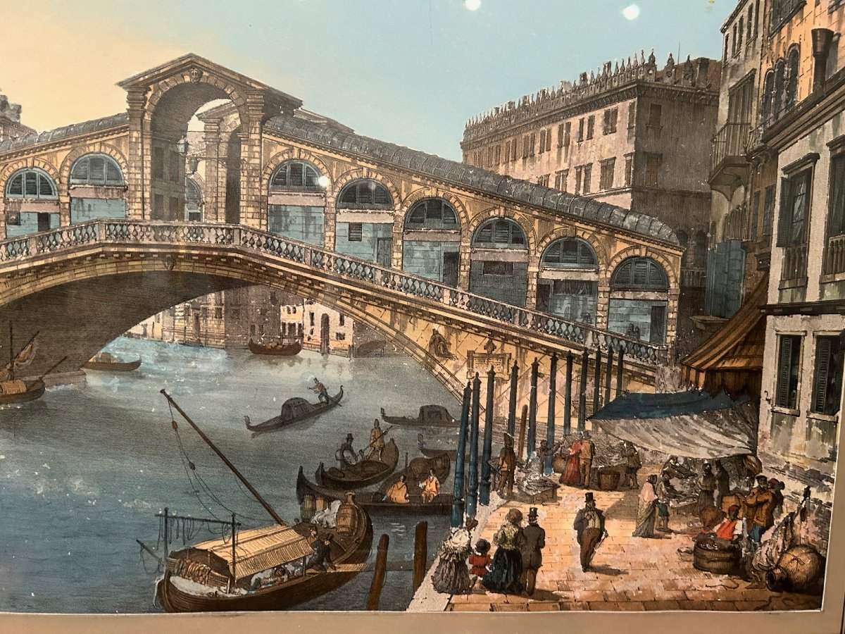 Un Guache sur papier  "Le pont de Rialto", XIX-siécle-photo-4