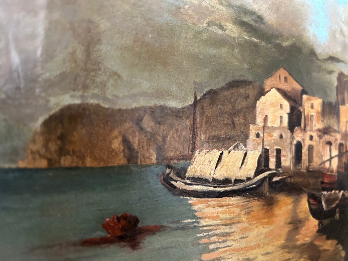 A Seascape Painting Titled "posillipo," 19th Century-photo-1