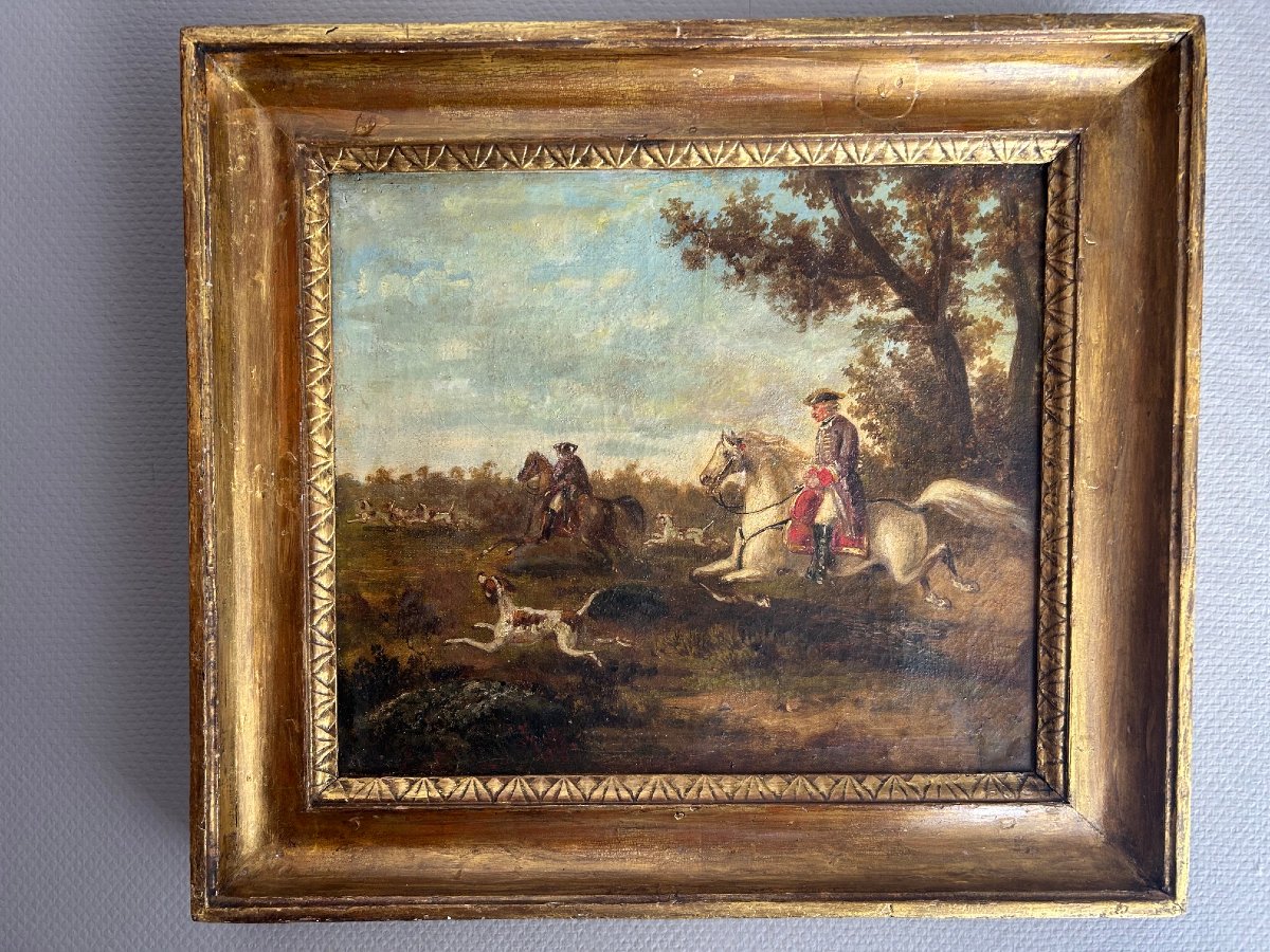 Tableau de chasse avec deux officiers et une meute de chiens, XVIII-siécle-photo-2
