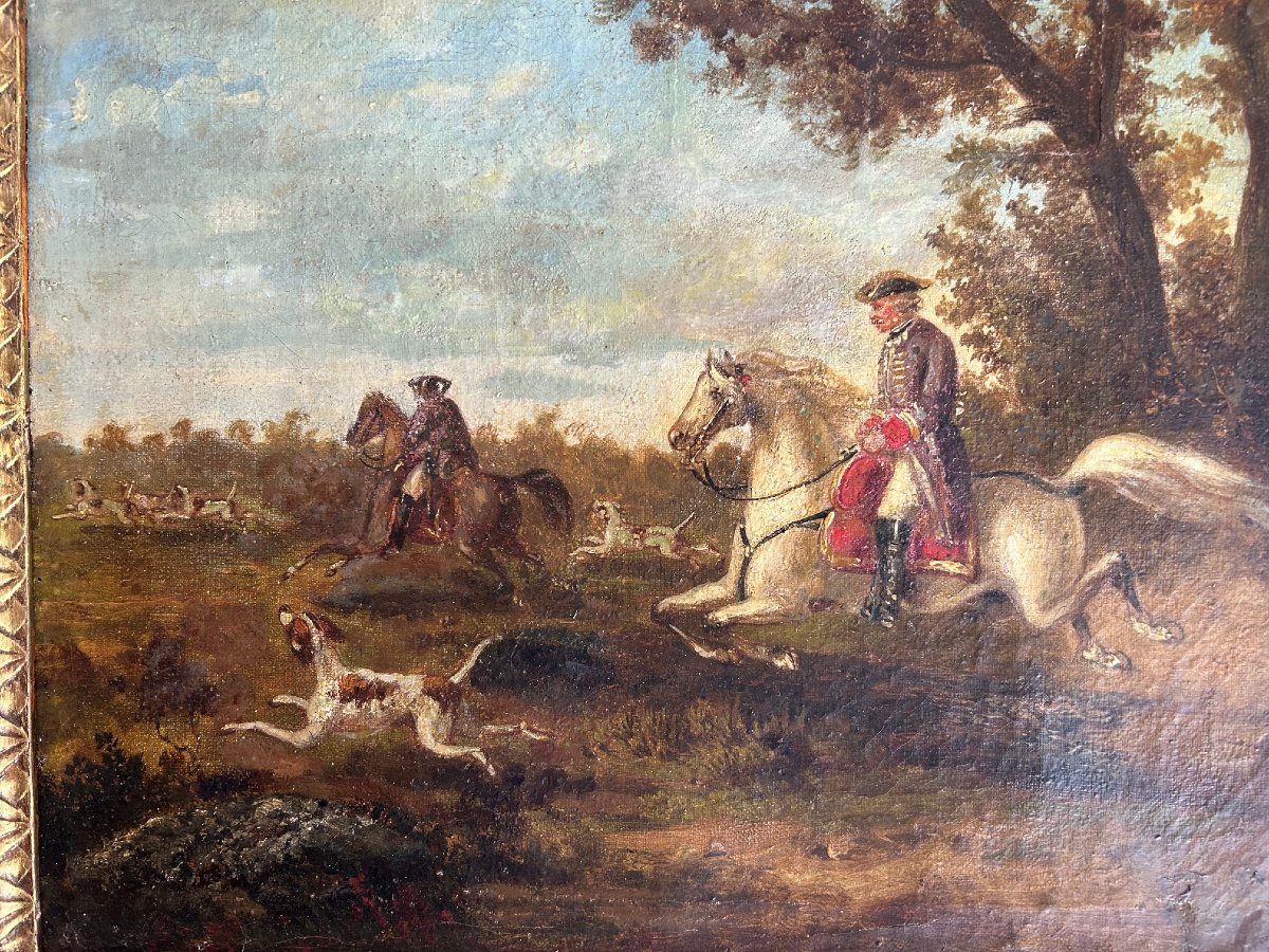 Tableau de chasse avec deux officiers et une meute de chiens, XVIII-siécle-photo-3