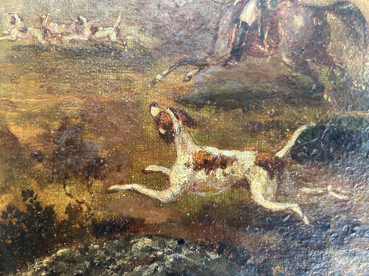 Tableau de chasse avec deux officiers et une meute de chiens, XVIII-siécle-photo-1