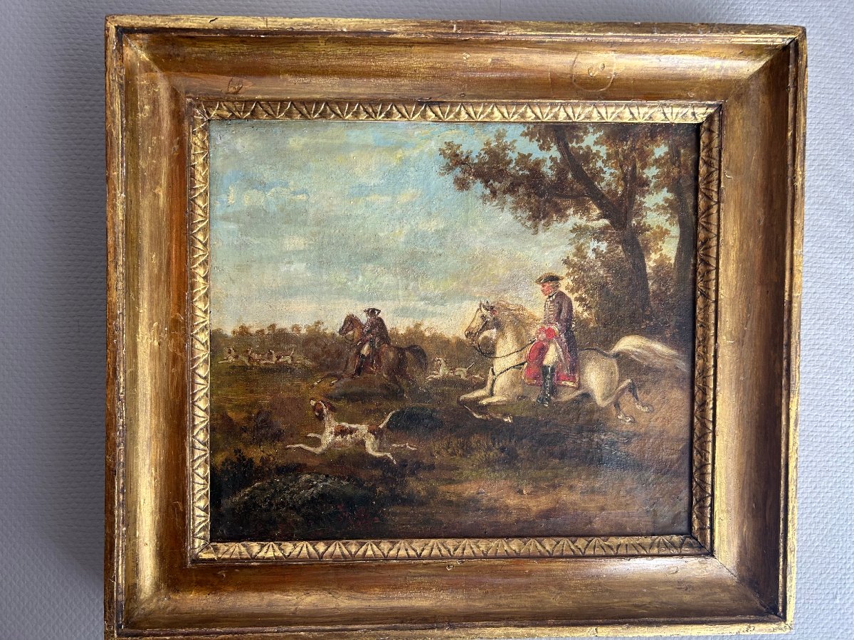 Tableau de chasse avec deux officiers et une meute de chiens, XVIII-siécle