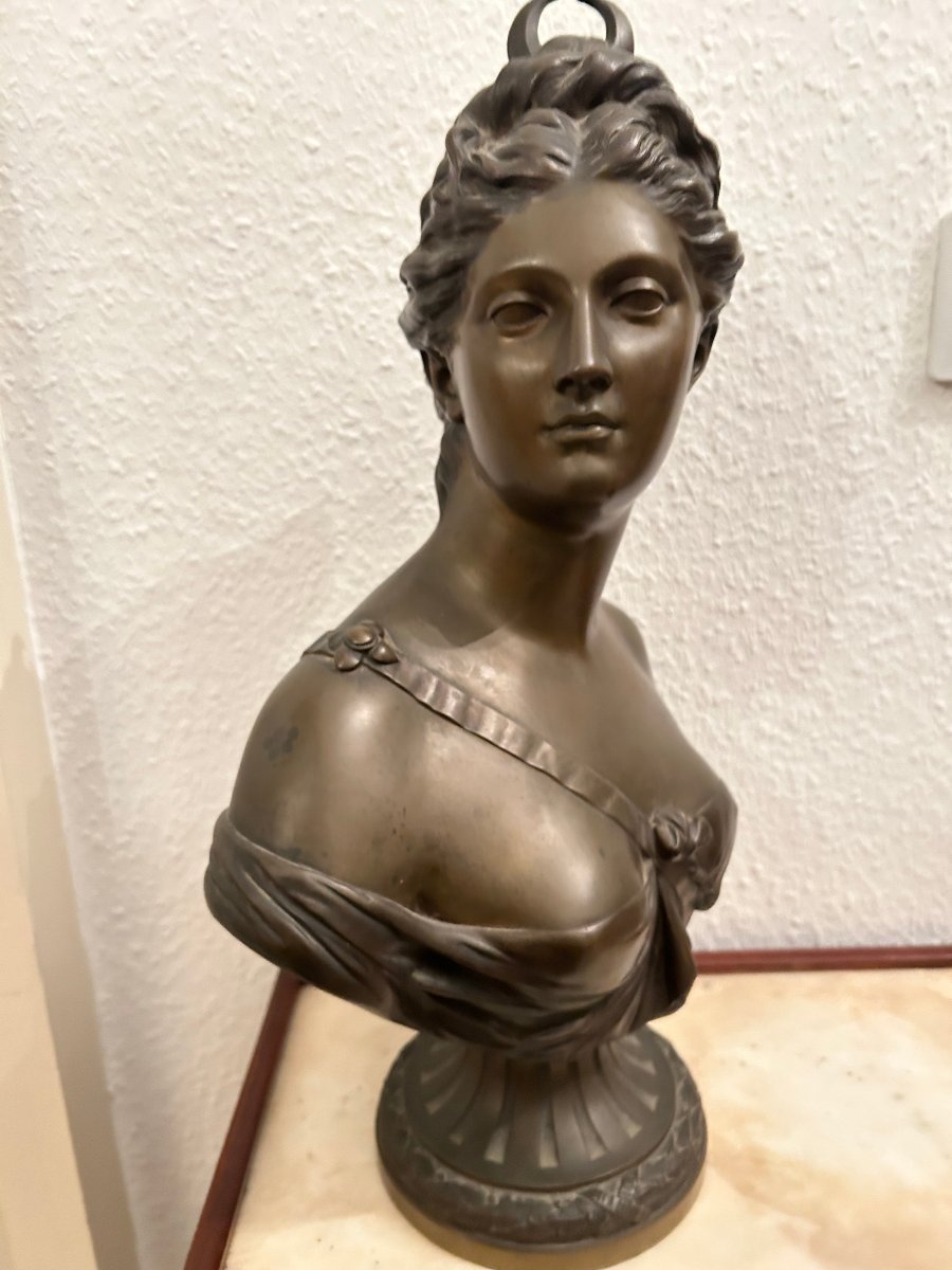 Bronze Bust Of Diana, Signed "houdon"-photo-2