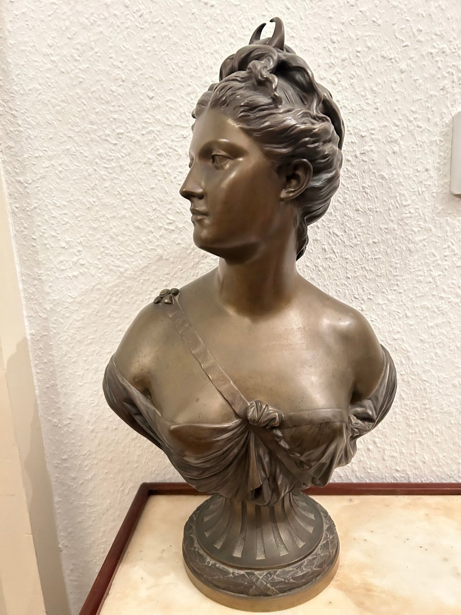 Bronze Bust Of Diana, Signed "houdon"-photo-4