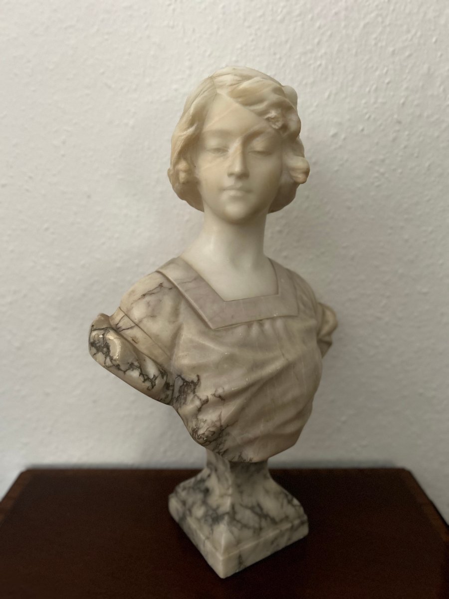 Bust Of A Young Woman In Alabaster, Signed "carli"-photo-1