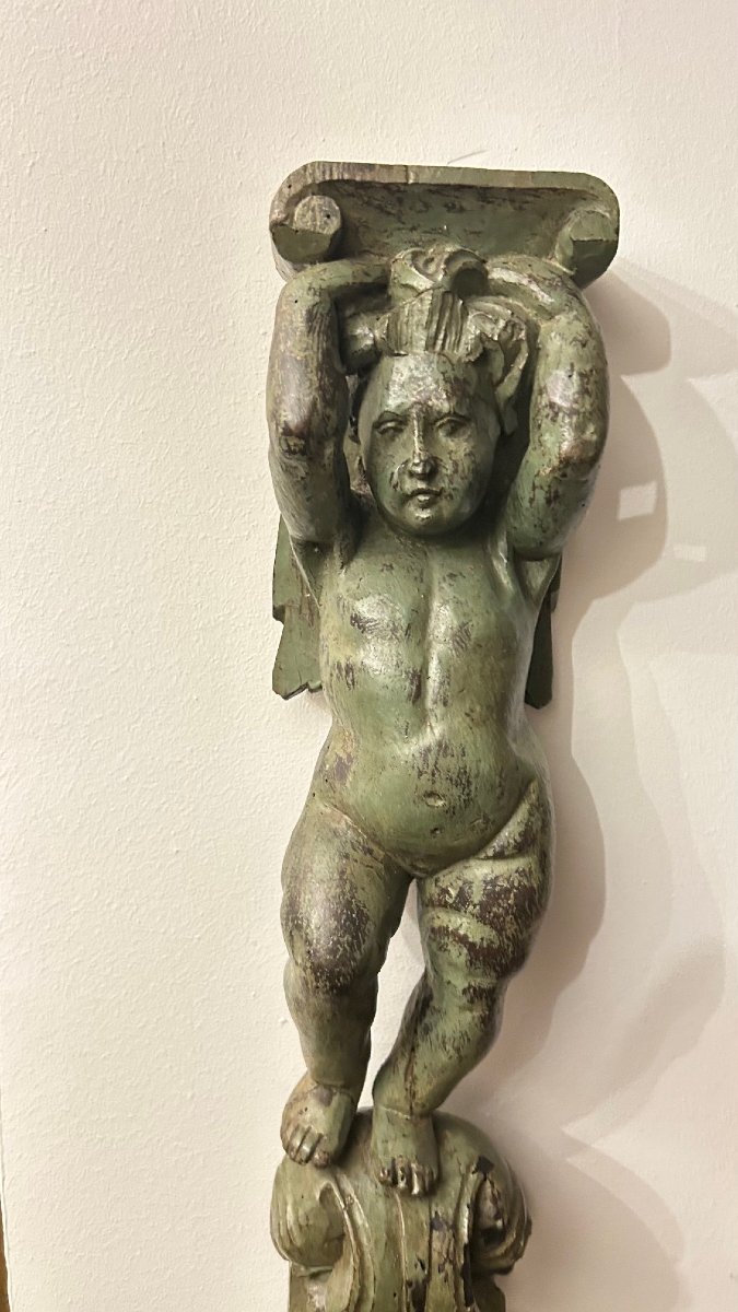 Pair Of 17th-century Carved And Polychrome Wooden "putti" (cherubs)-photo-4