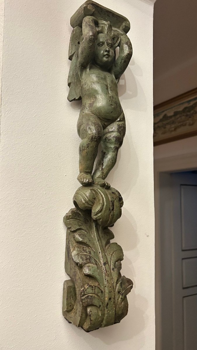 Pair Of 17th-century Carved And Polychrome Wooden "putti" (cherubs)-photo-1