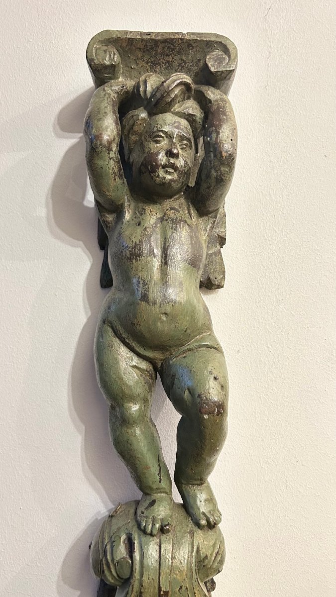 Pair Of 17th-century Carved And Polychrome Wooden "putti" (cherubs)-photo-4