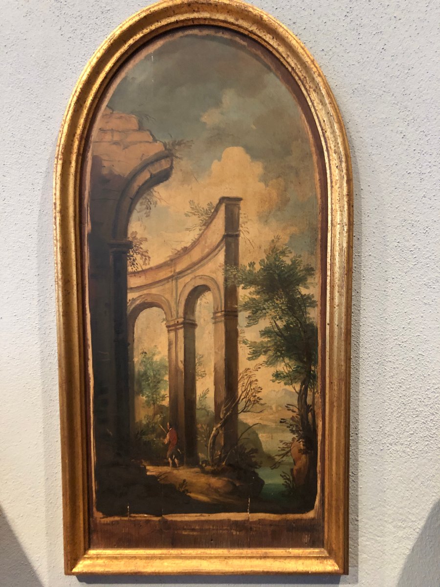 A Pair Of Arcadian Landscapes In Semi-oval Frames, 19th Century-photo-1