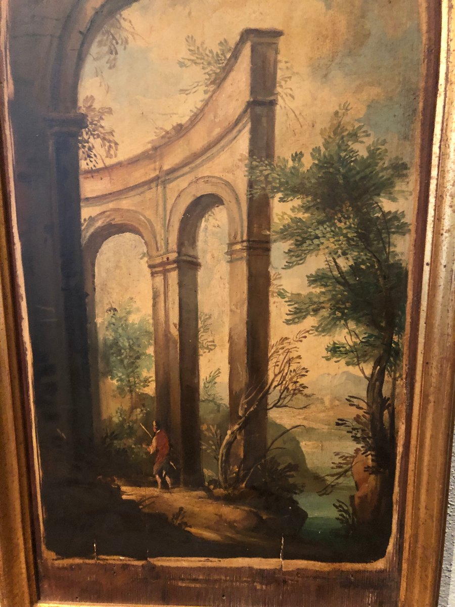 A Pair Of Arcadian Landscapes In Semi-oval Frames, 19th Century-photo-2