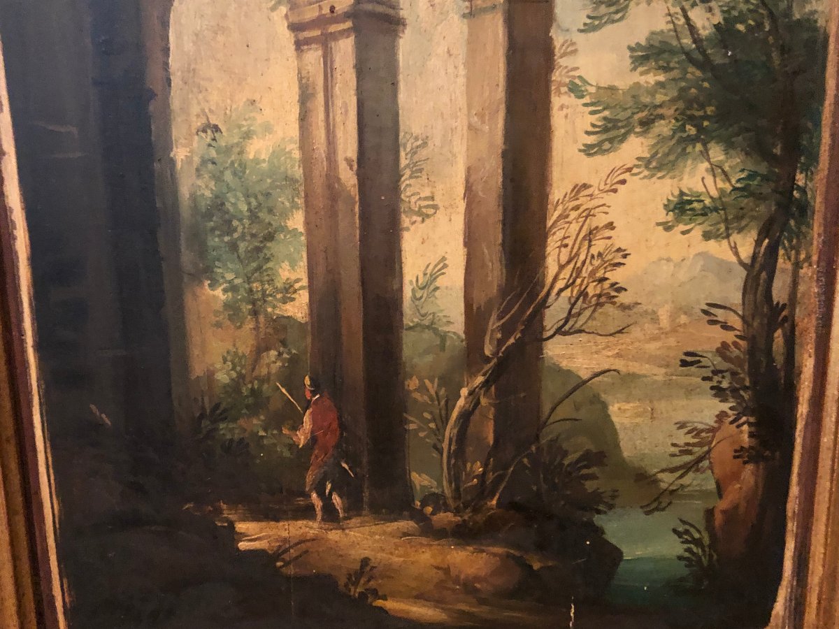 A Pair Of Arcadian Landscapes In Semi-oval Frames, 19th Century-photo-3
