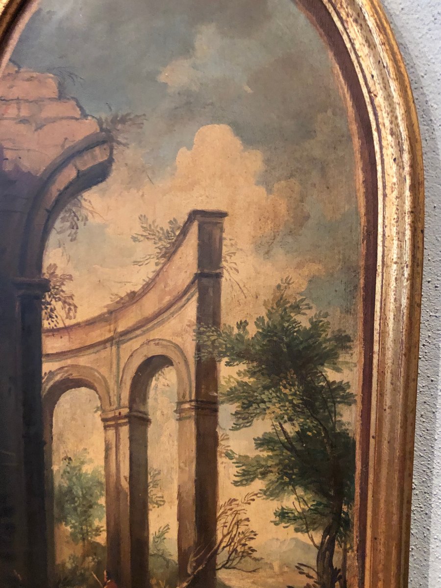 A Pair Of Arcadian Landscapes In Semi-oval Frames, 19th Century-photo-4
