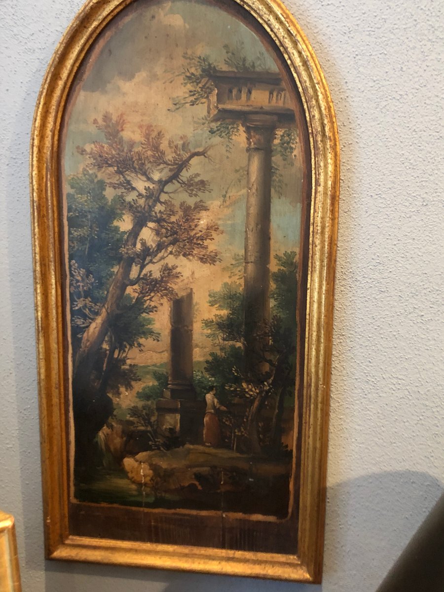 A Pair Of Arcadian Landscapes In Semi-oval Frames, 19th Century-photo-5