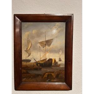 Tableau de vieux maîtres avec des navires en mer, huile sur cuivre, XVII/XVII siécle