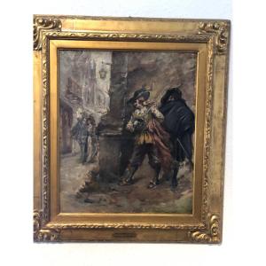 Tableau ancien à l'huile du 19éme siécle représentant des mousquetaires