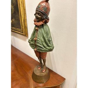 Harlequin Sculpture In Painted Copper, Victorian Period