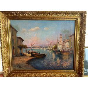 Landscape Painting Of A Port On The French Riviera, Oil On Canvas